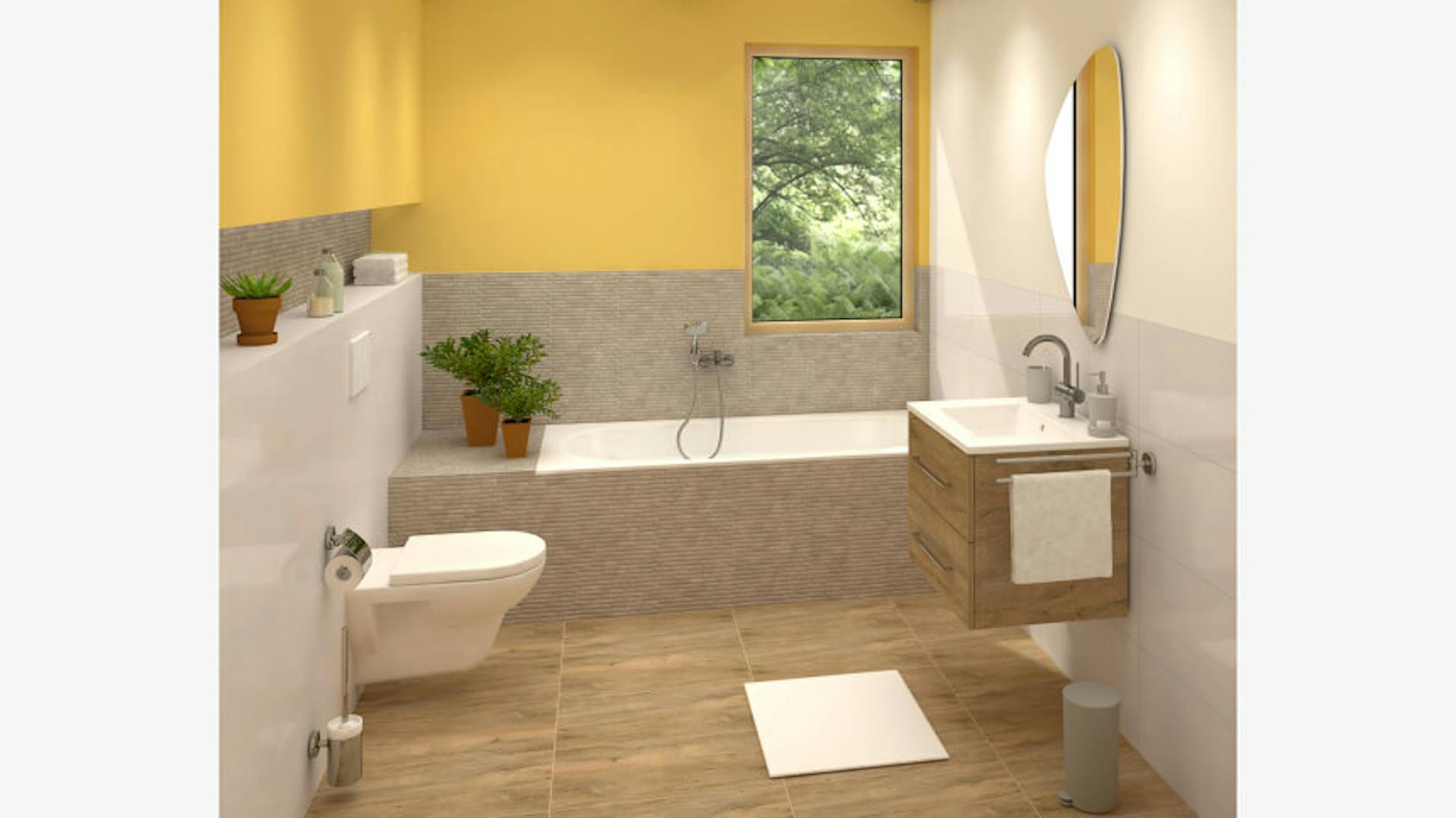 Helles, kleines Bad in Holzoptik mit Badewanne