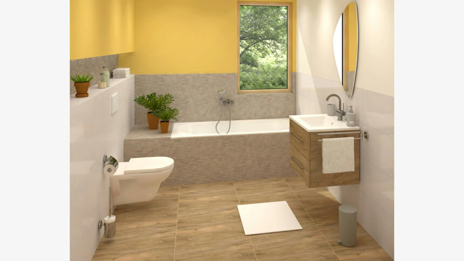 Helles, kleines Bad in Holzoptik mit Badewanne