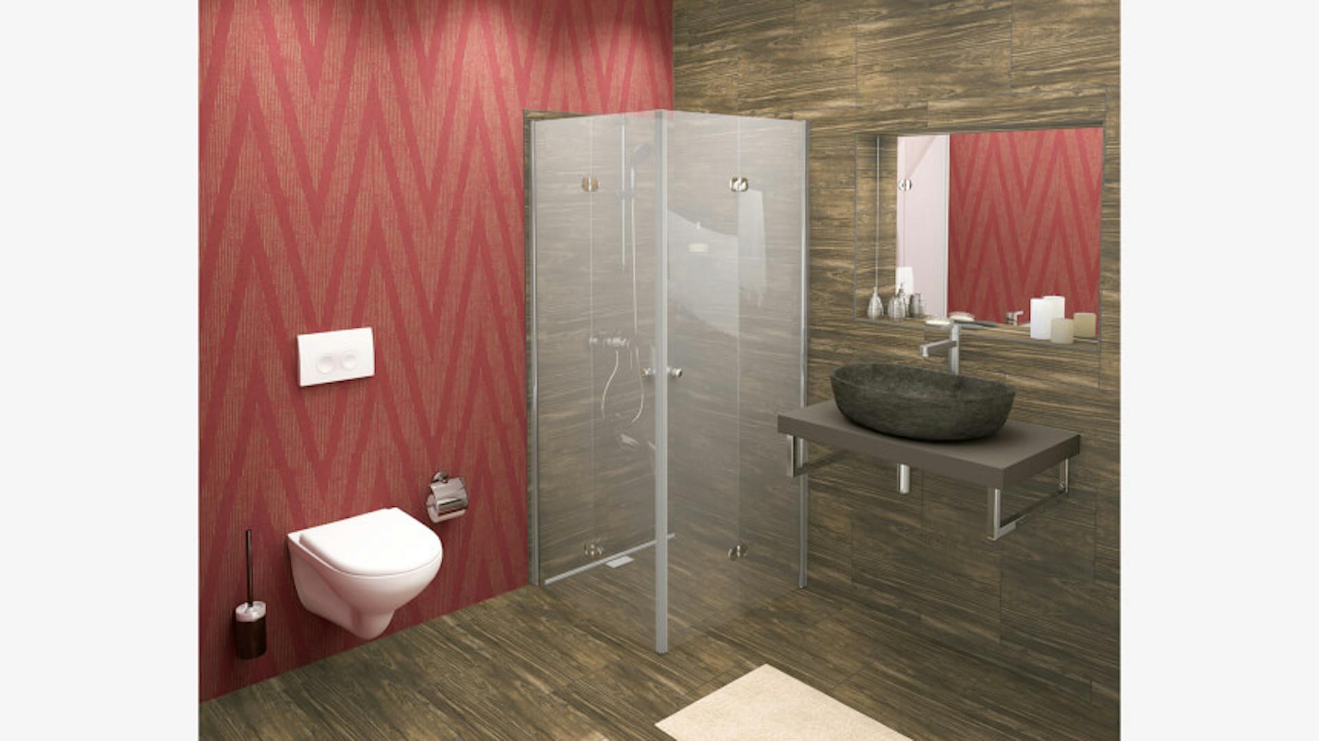 Kleines Bad mit Holzfliesen und einer roten Wand.