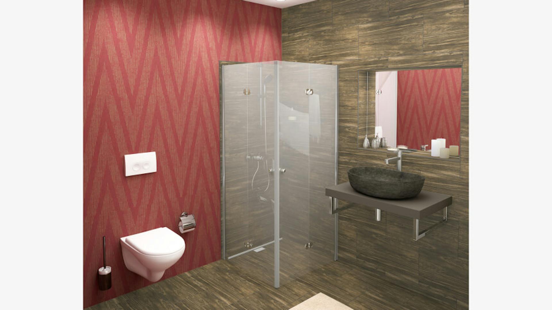 Kleines Bad mit Holzfliesen und einer roten Wand.