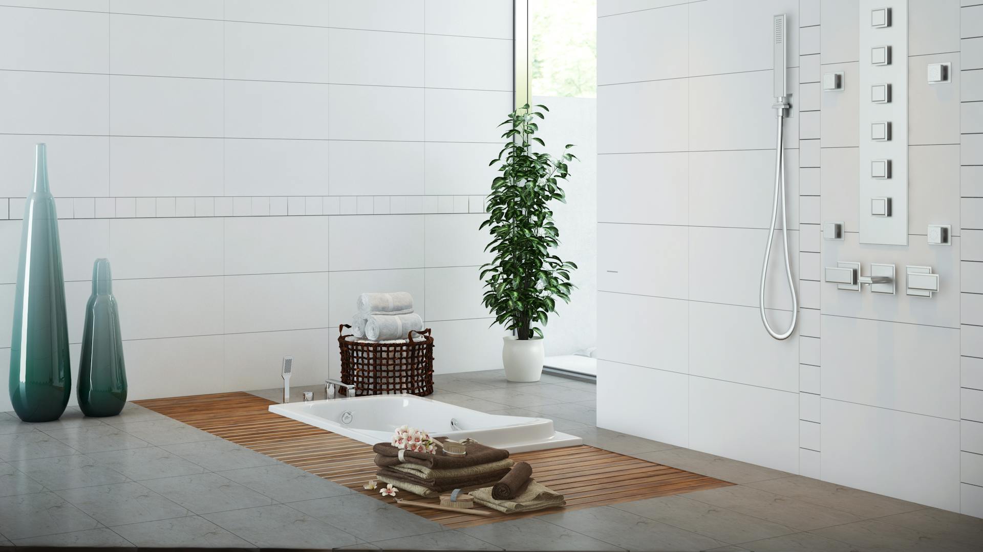 Weißes Bad mit Badewanne umgeben von Holz.