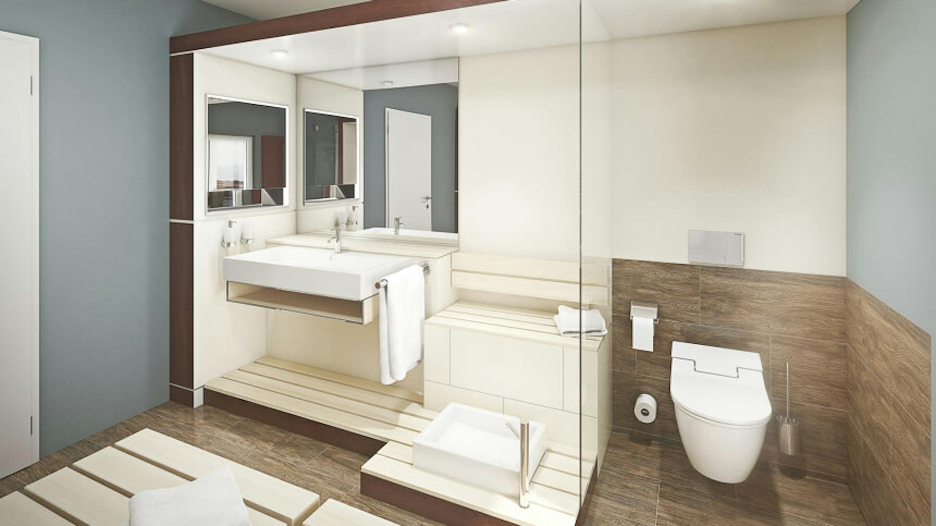 Weißgraues Bad mit Fliesen in Holzoptik.