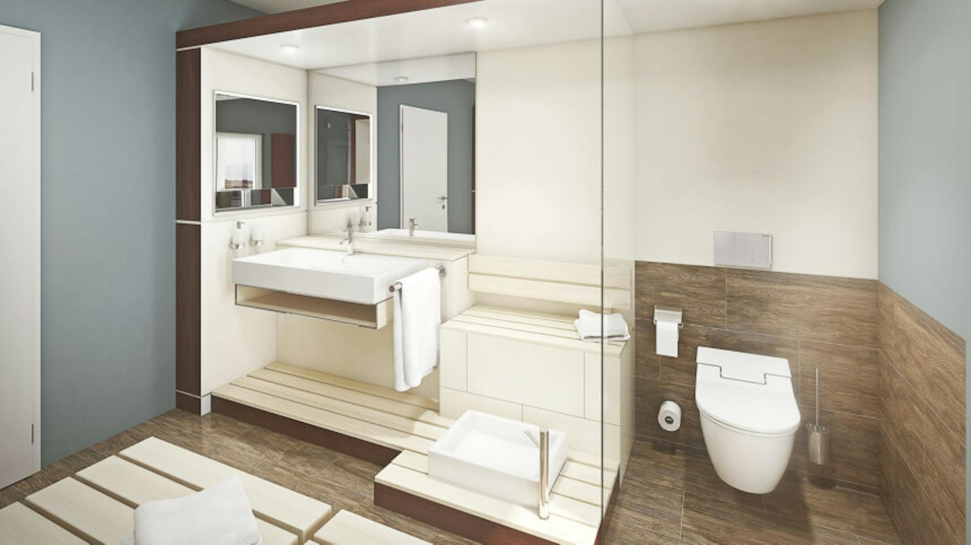 Weißgraues Bad mit Fliesen in Holzoptik.