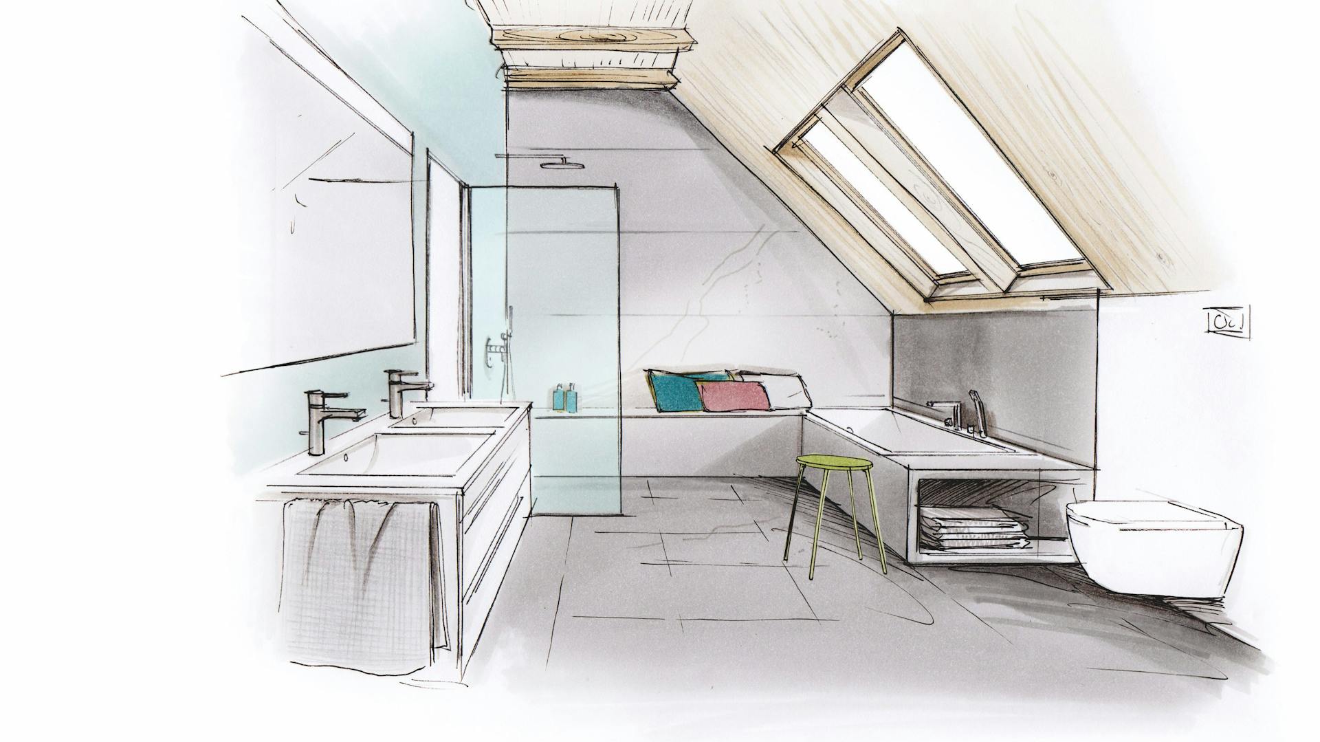 Skizze eines Bades mit Dachschräge