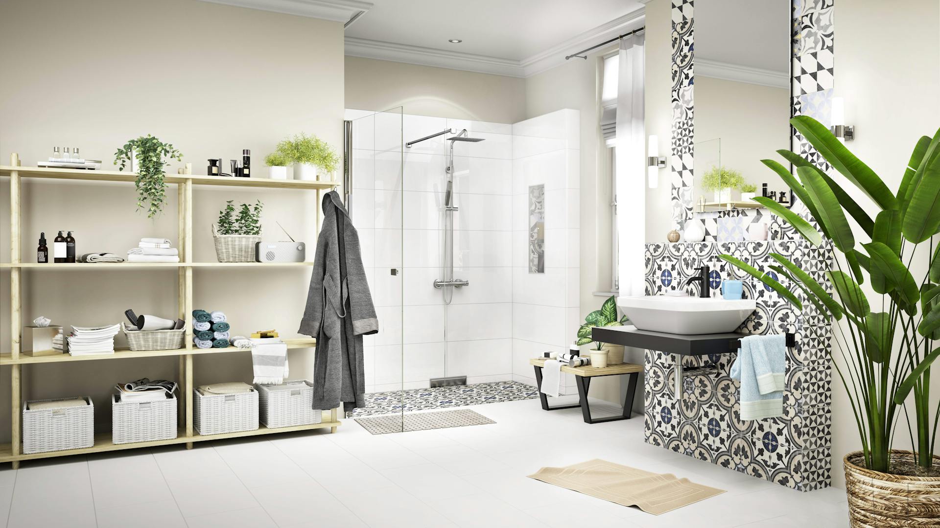 Ein helles, modernes Bad mit gemusterten Fliesen und Pflanzen.