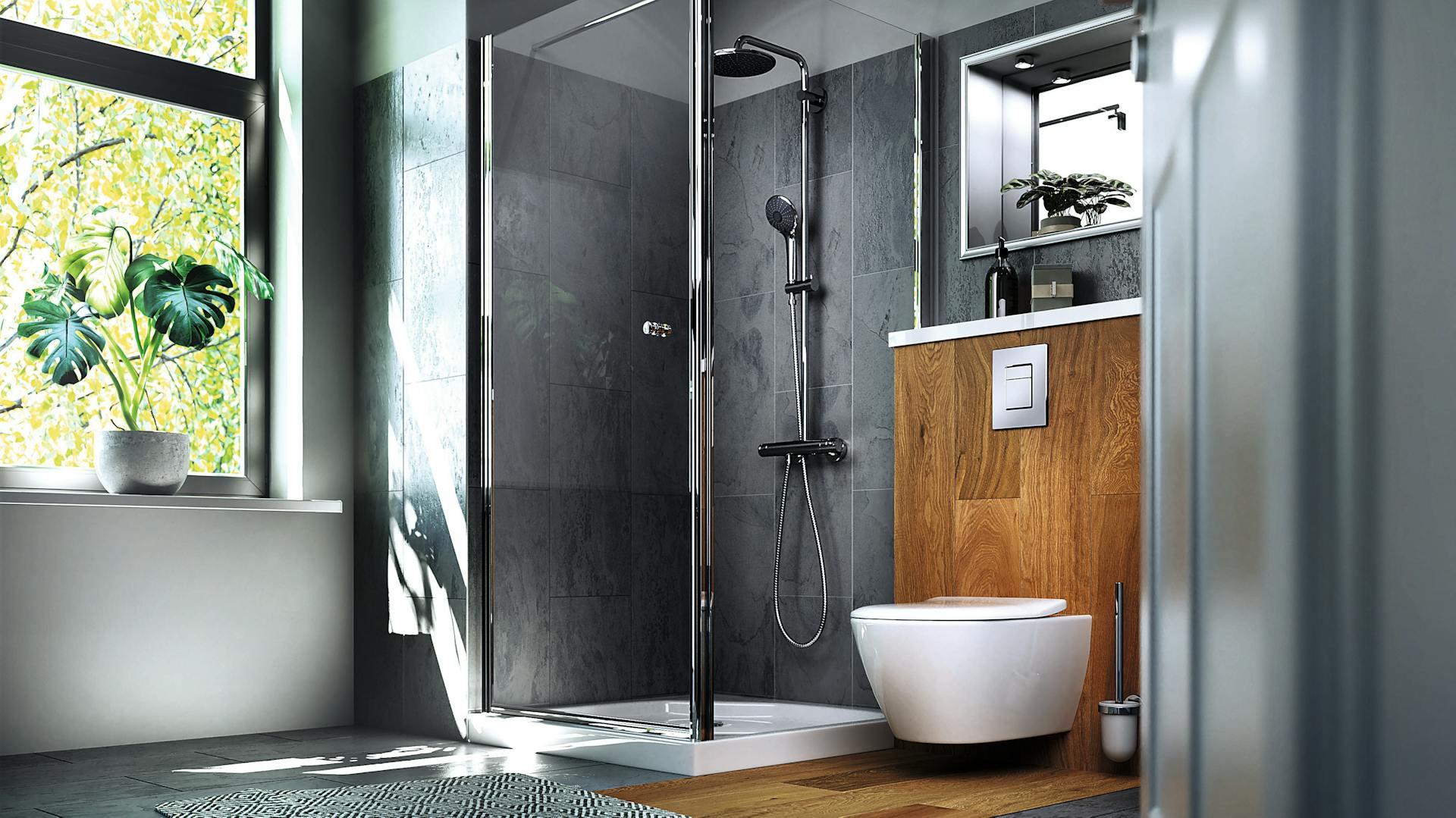 Ein schwarz gefliestes Badezimmer mit Akzenten aus Holz.