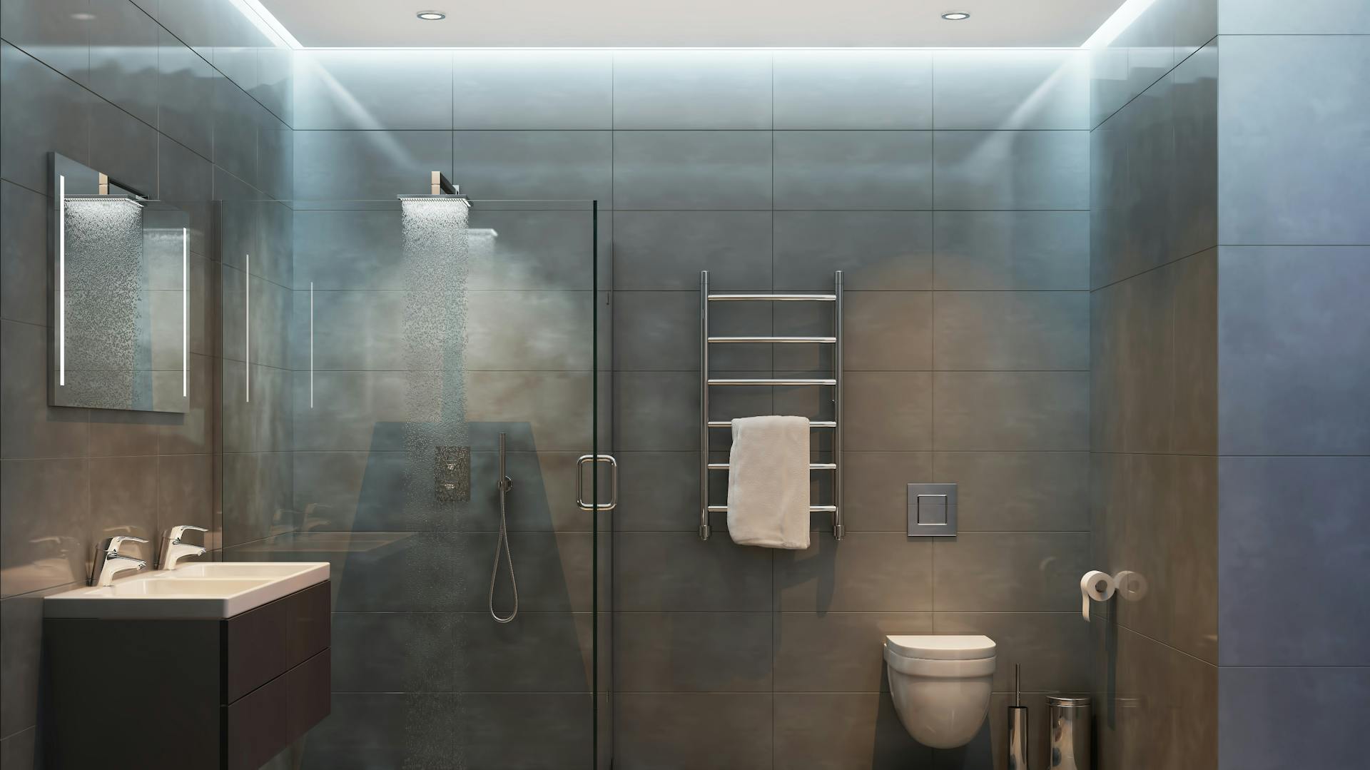 Moderná kúpeľňa s priestrannou dažďovou sprchou a osvetlením