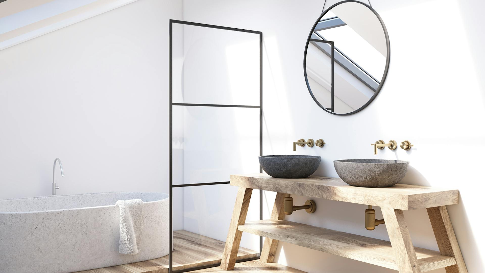 Világos fürdőszoba fehér fuga nélküli falakkal, káddal és fából készült mosdópulttal.