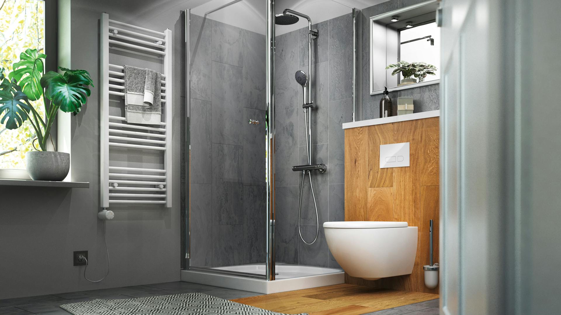 Neues renoviertes Bad in beige und weiss mit Badewanne großem Waschbecken und Regendusche.