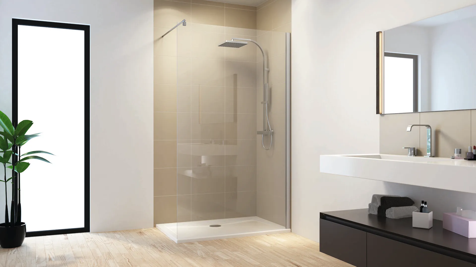 Teilgefliestes helles Bad mit Spiegelschrank und gleichen Fliesen für Boden und Wände. Dusche mit Glaswand.