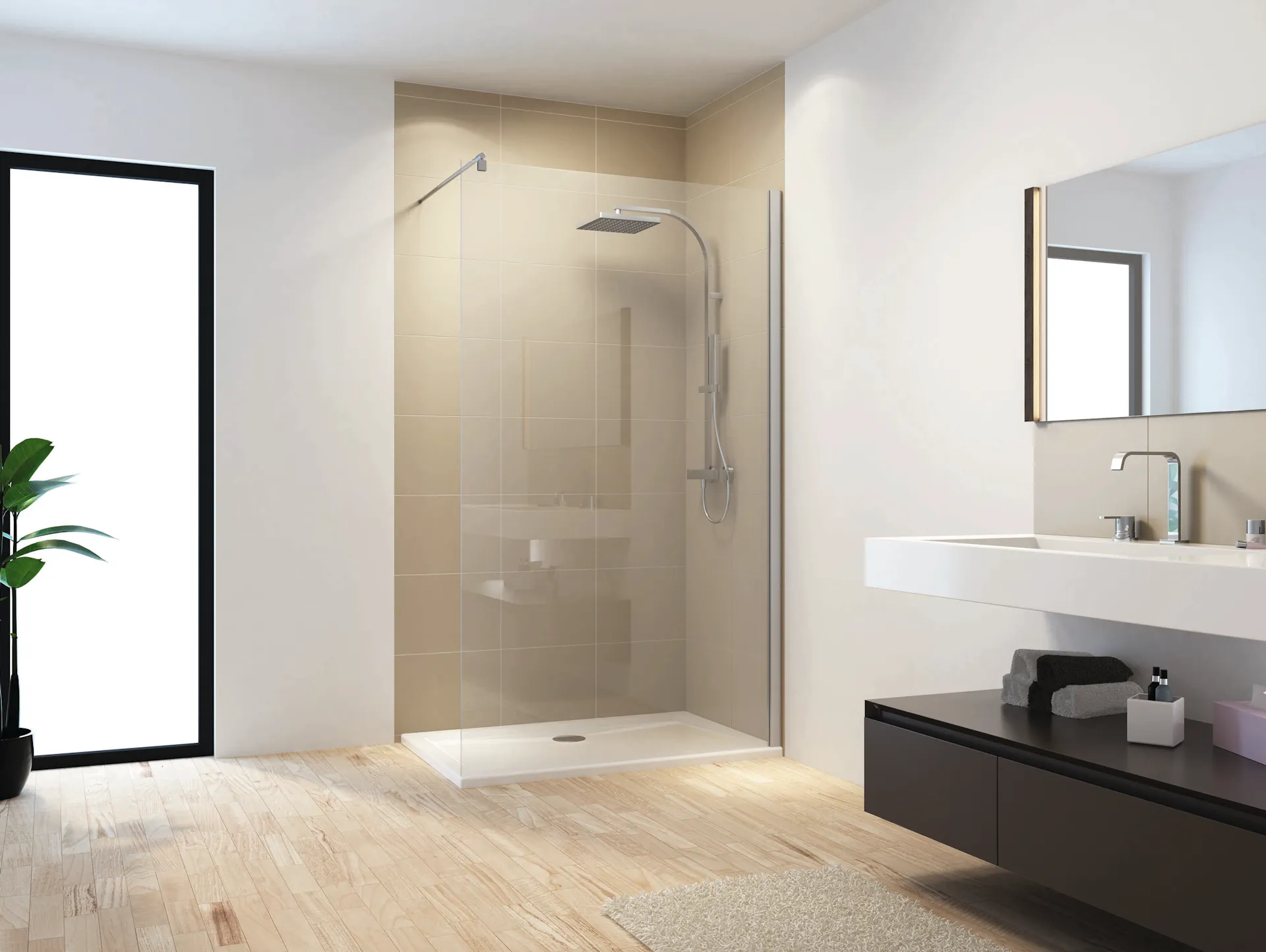 Bagno parzialmente piastrellato e luminoso con armadietto a specchio e piastrelle uguali per pavimento e pareti. Doccia con parete in vetro.