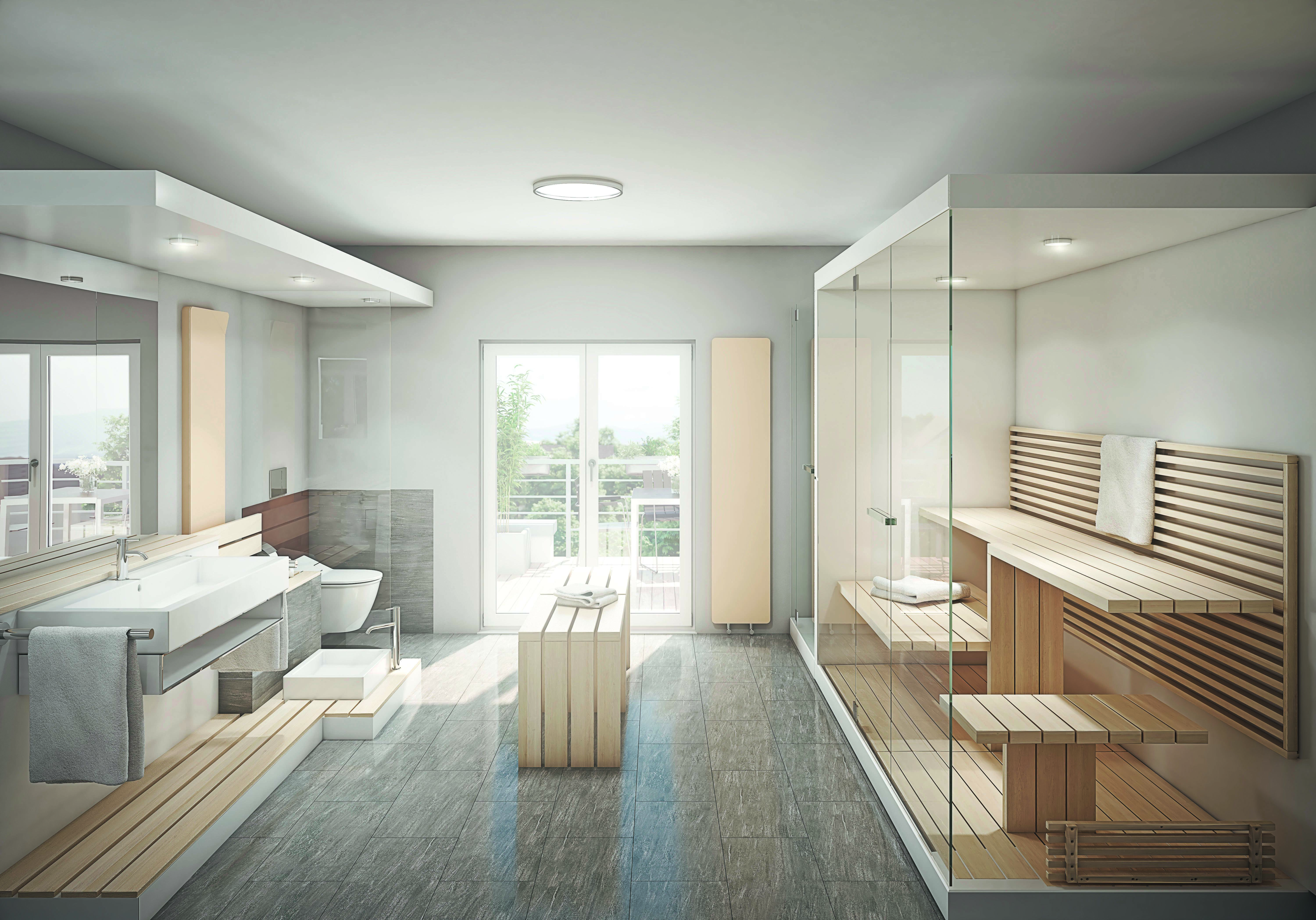 Ampio bagno wellness con zona sauna.