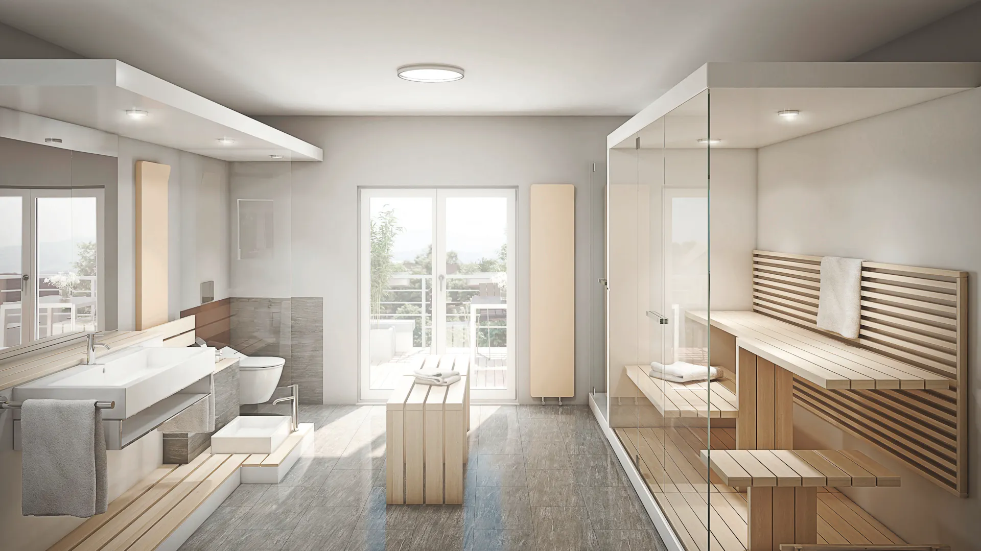 Ampio bagno wellness con zona sauna.