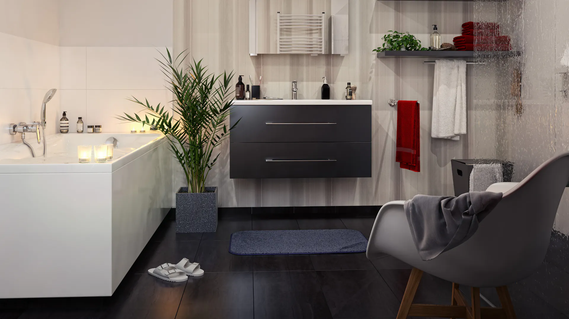 Bagno con pareti beige, piastrelle nere, vasca angolare, lavabo scuro, sedia e ripiani attrezzati