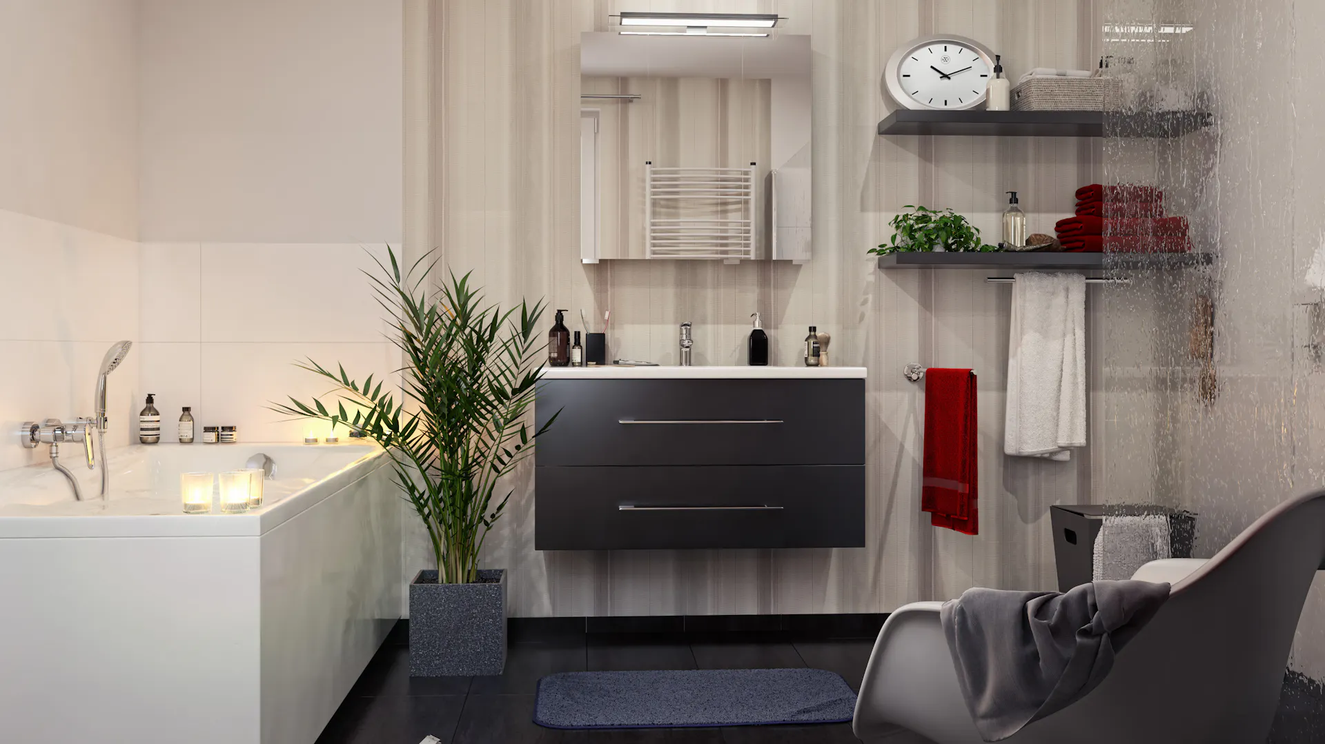 Badezimmer mit beigen Wänden schwarzen Fliesen Eckbadewanne dunklem Waschbecken Stuhl und bestückten Regalen.
