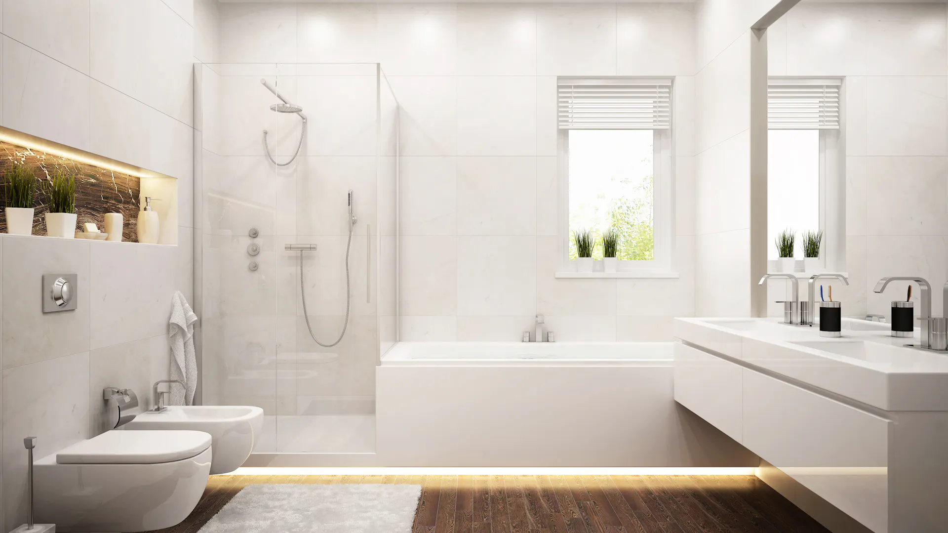 Ein weiß gefliestes, modernes Badezimmer mit Holzboden.