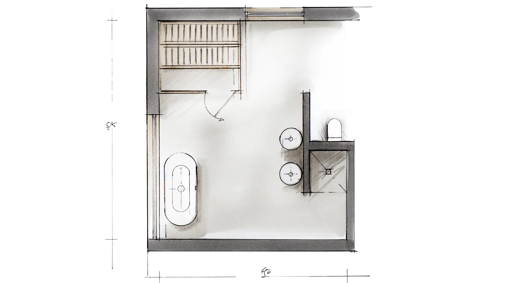 Planimetria di un bagno con doccia, vasca, WC e lavabo.