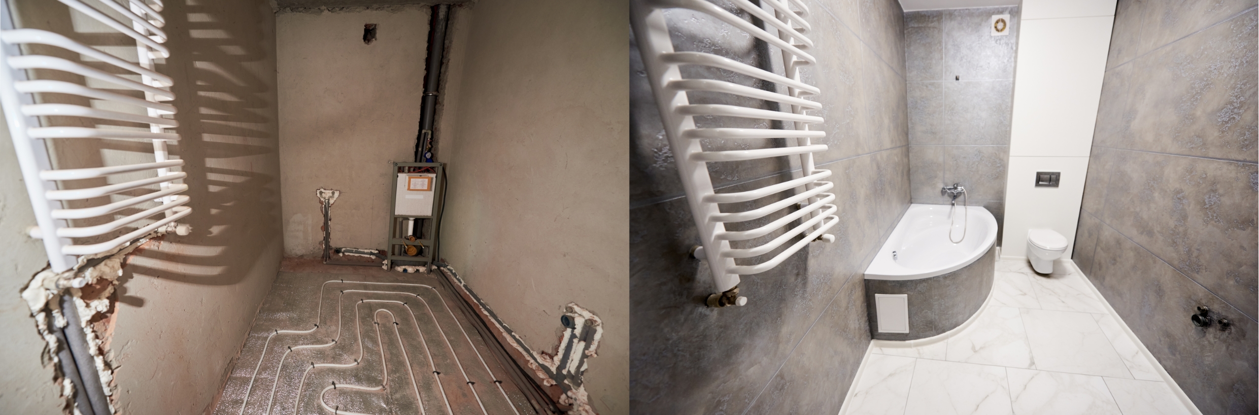 Immagine di un bagno prima e dopo. Prima: struttura grezza con tubazioni a pavimento e radiatori. Dopo: un bagno grigio con vasca, riscaldamento e WC.