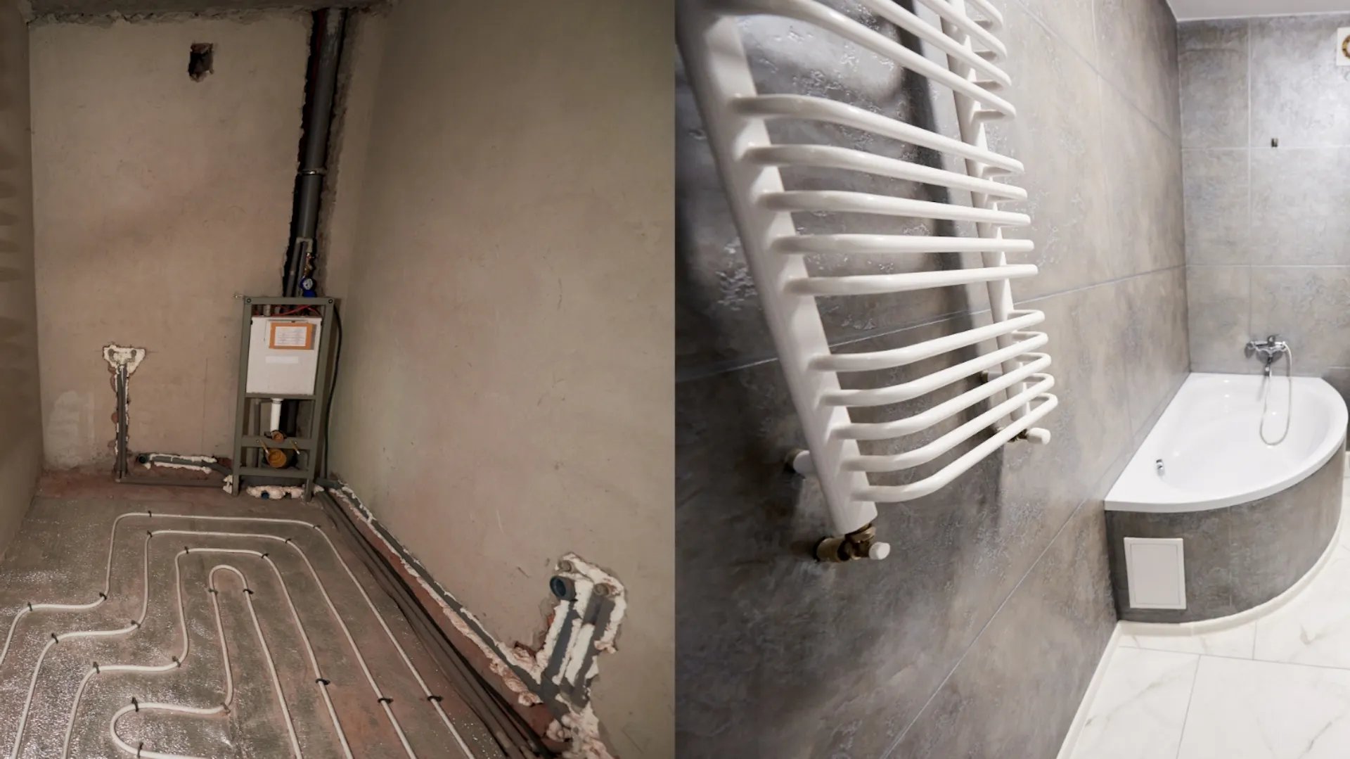 Immagine di un bagno prima e dopo. Prima: struttura grezza con tubazioni a pavimento e radiatori. Dopo: un bagno grigio con vasca, riscaldamento e WC.