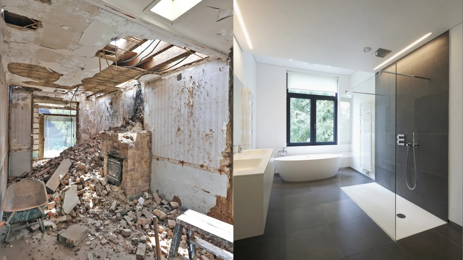 Immagine di un bagno prima e dopo. Prima: una stanza piena di detriti con una carriola. Dopo: vasca da bagno bianca, box doccia e lavabo bianco su piastrelle nere.