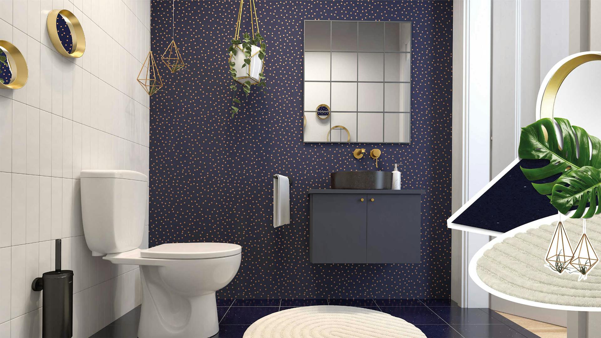 Ein Bad, welches durch eine gold gepunktete Tapete an der Wand an der die Waschbeckenarmatur und die Spiegelwand darüber angebracht sind, auffällt.