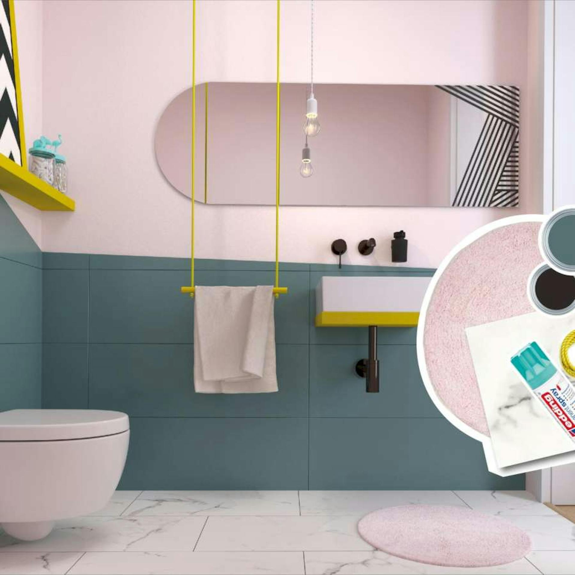 Ein modernes Bad, wo mittig ein hängender Handtuchhalter in gelb von der Decke hängt und ein langer abgerundeter Spiegel mit Tape Art an der Wand befestigt wurde.