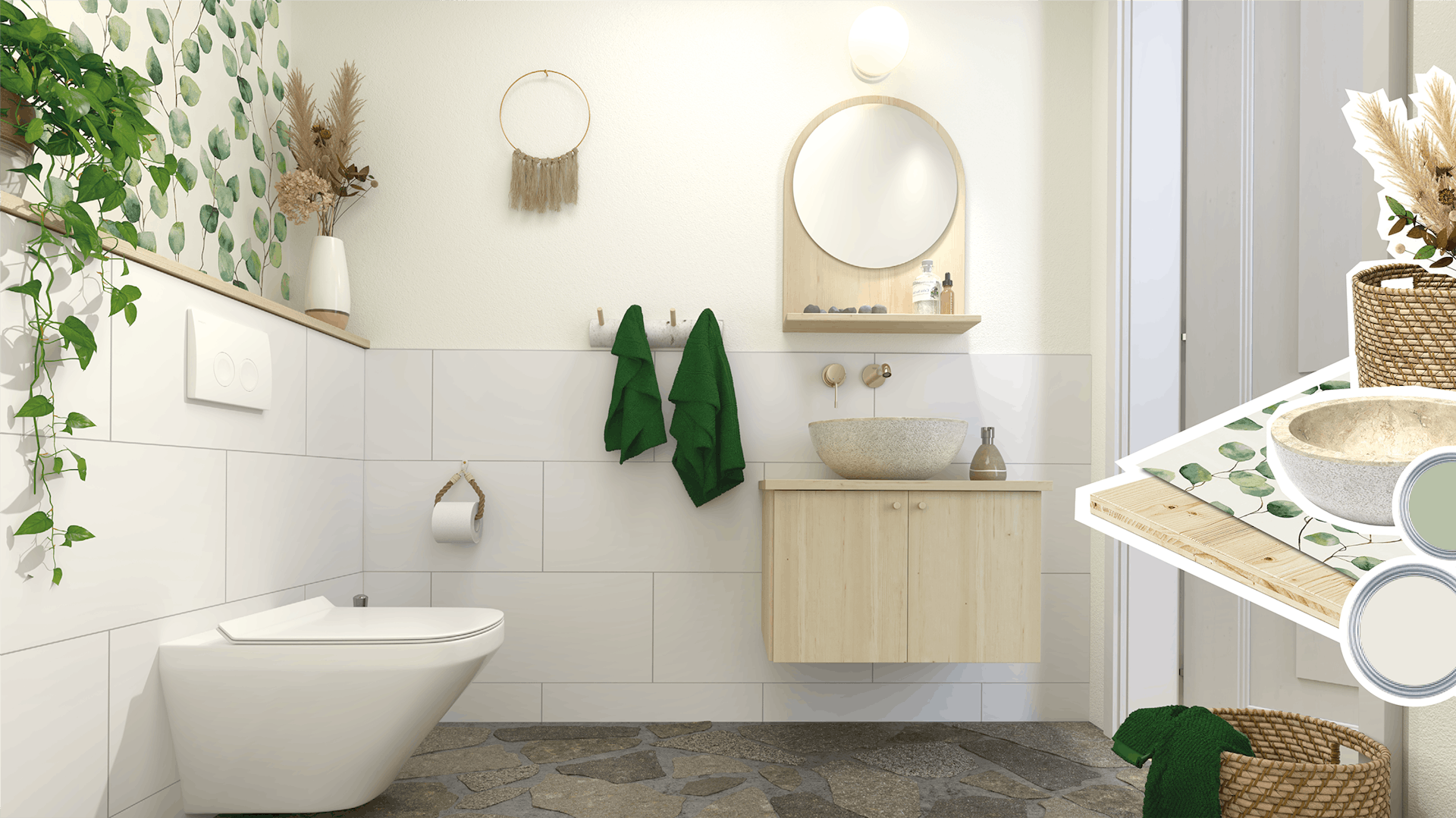 Ein warmes Bad mit einer Waschbeckenarmatur in Holzoptik und daneben eine Birkenstamm-Wandgarderobe als Handtuchhalter.