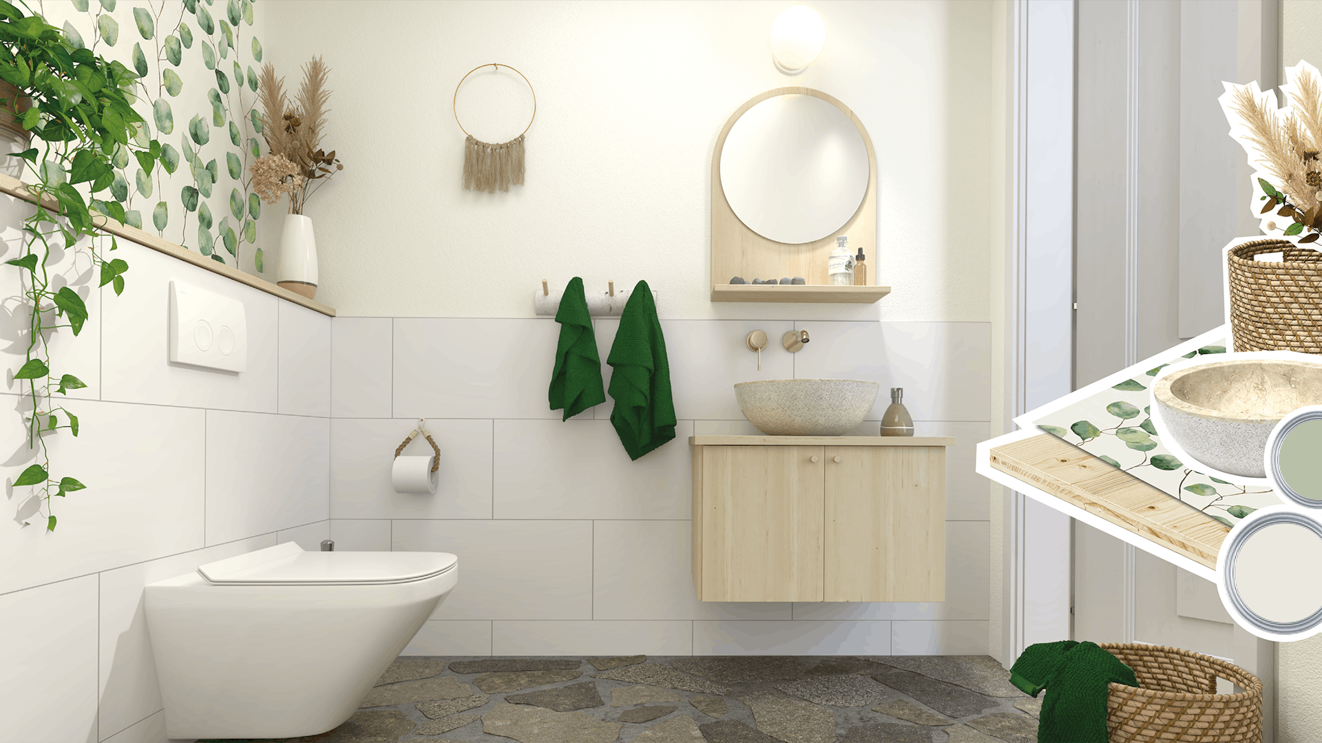 Ein warmes Bad mit einer Waschbeckenarmatur in Holzoptik und daneben eine Birkenstamm-Wandgarderobe als Handtuchhalter.