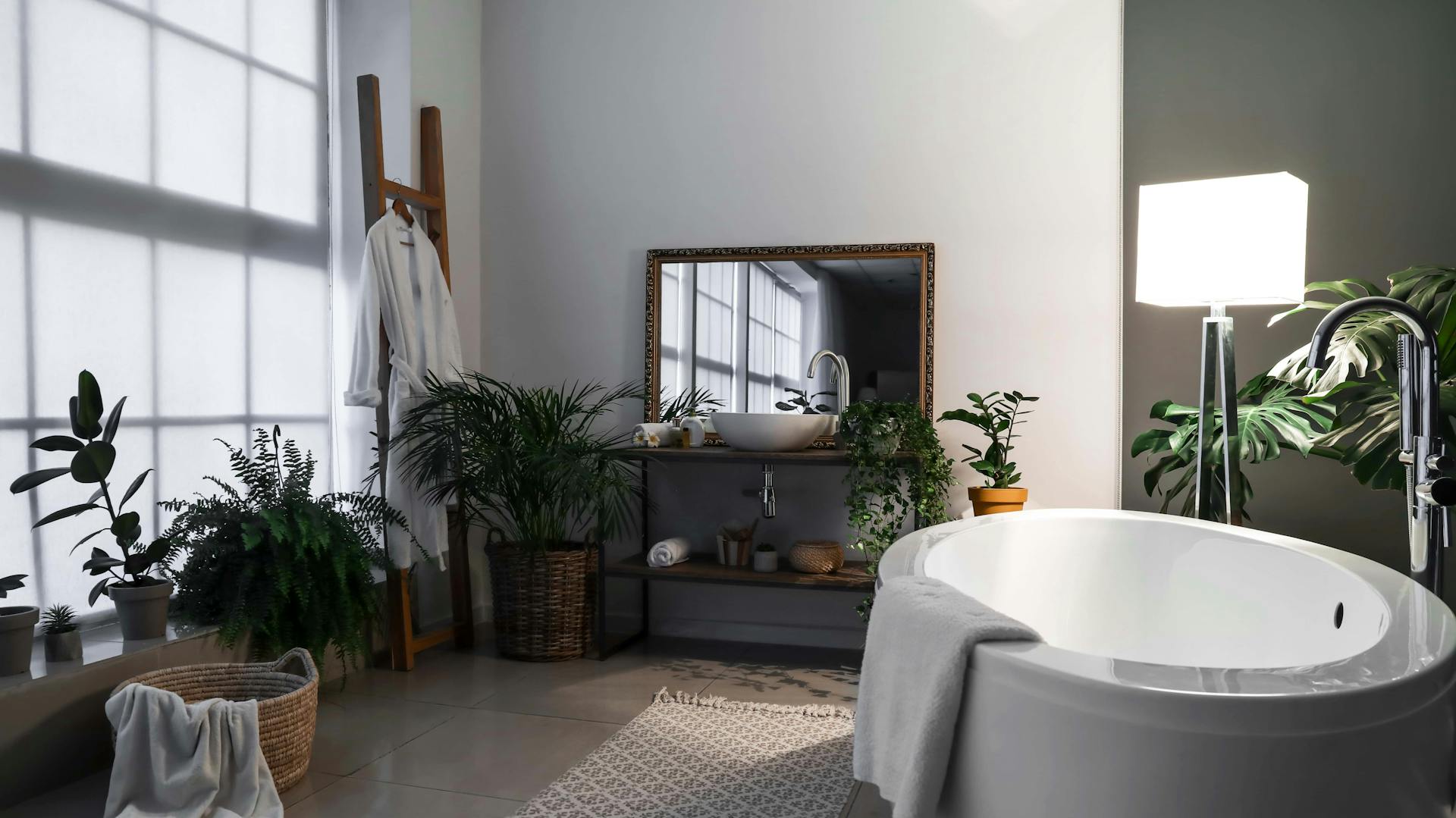 Ein Badezimmer mit weißen und grauen Wänden.