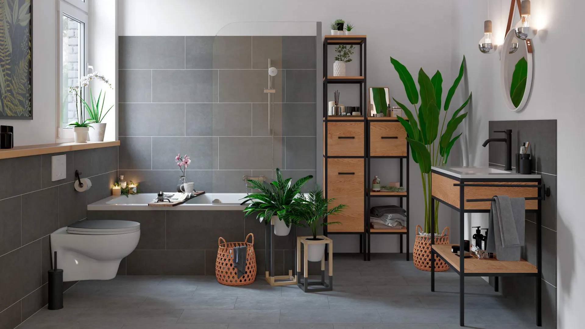 Badezimmer mit Möbel und Accessoires in Holzoptik.