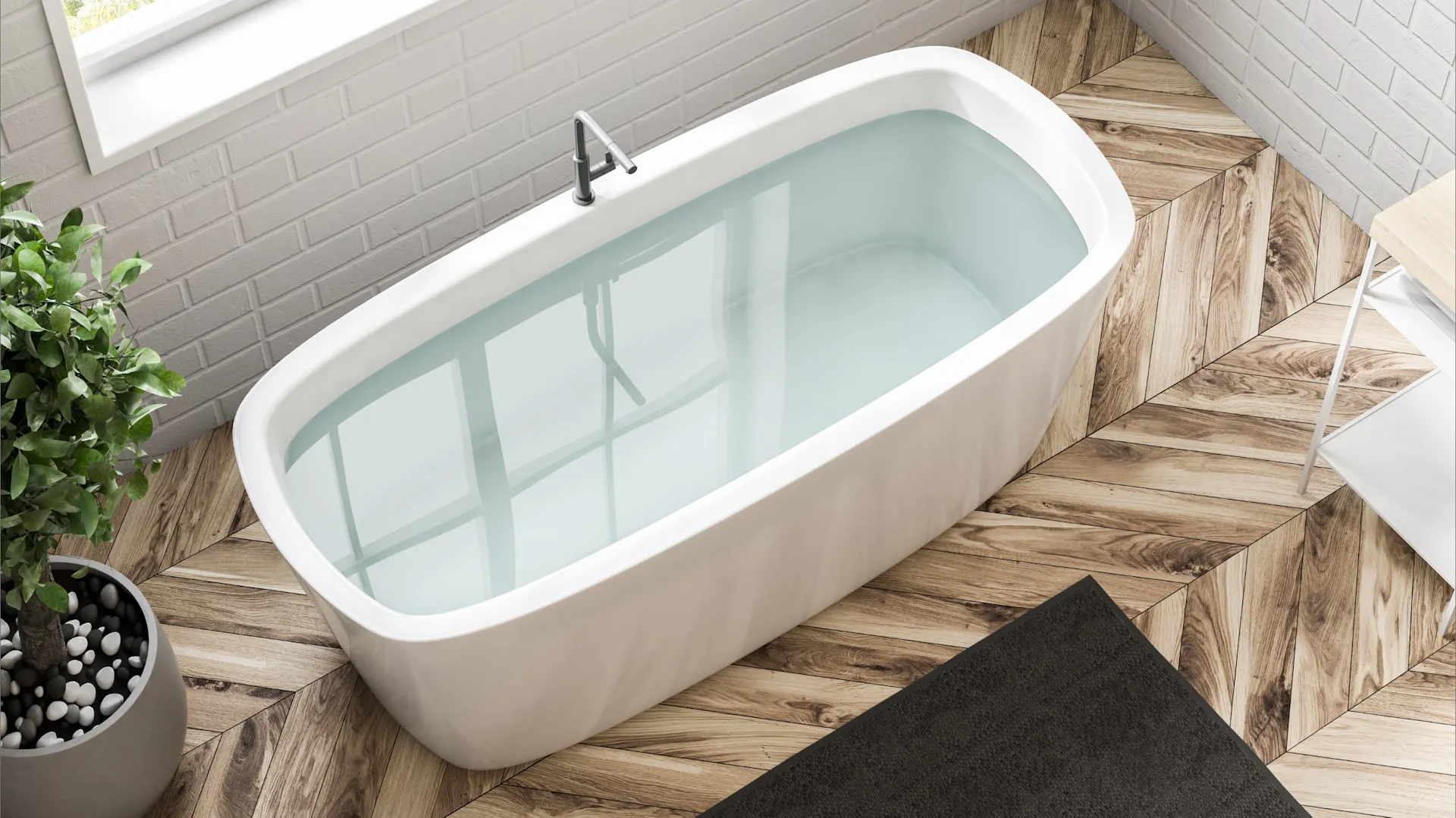 Eine Badewanne auf einem Holzboden.