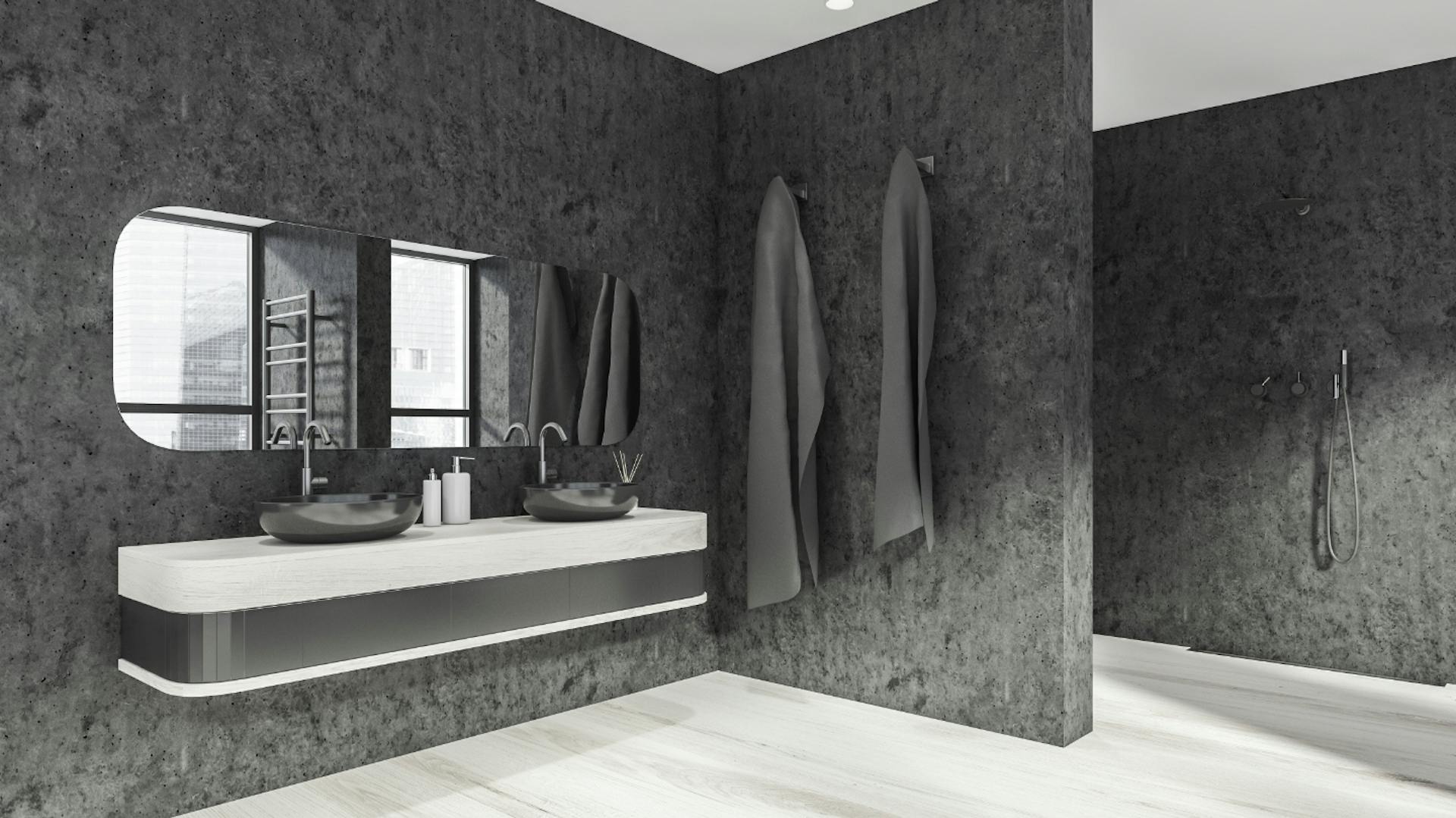 Moderno bagno bianco grigio con lavabo sospeso, specchio largo e doccia walk-in.