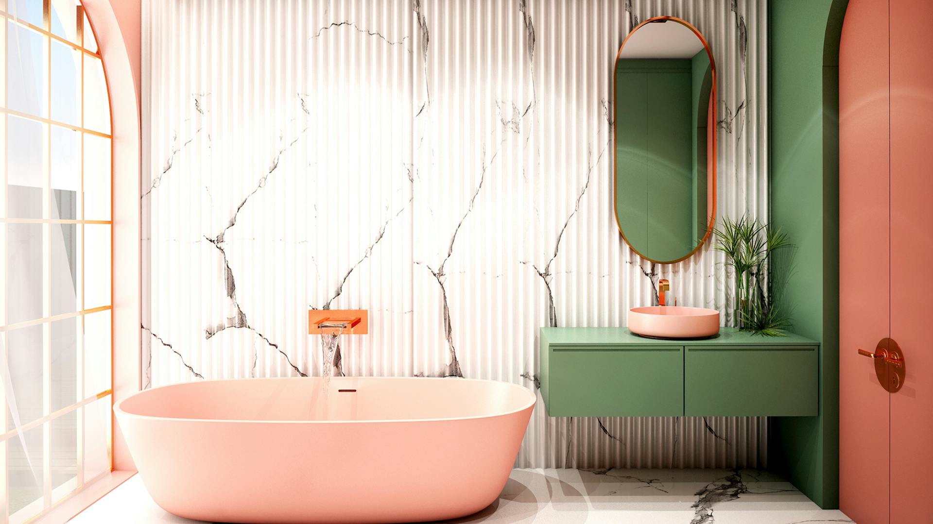 Mobile lavabo in legno davanti ad una parete in cemento sotto piastrelle blu con piante ed elementi decorativi.