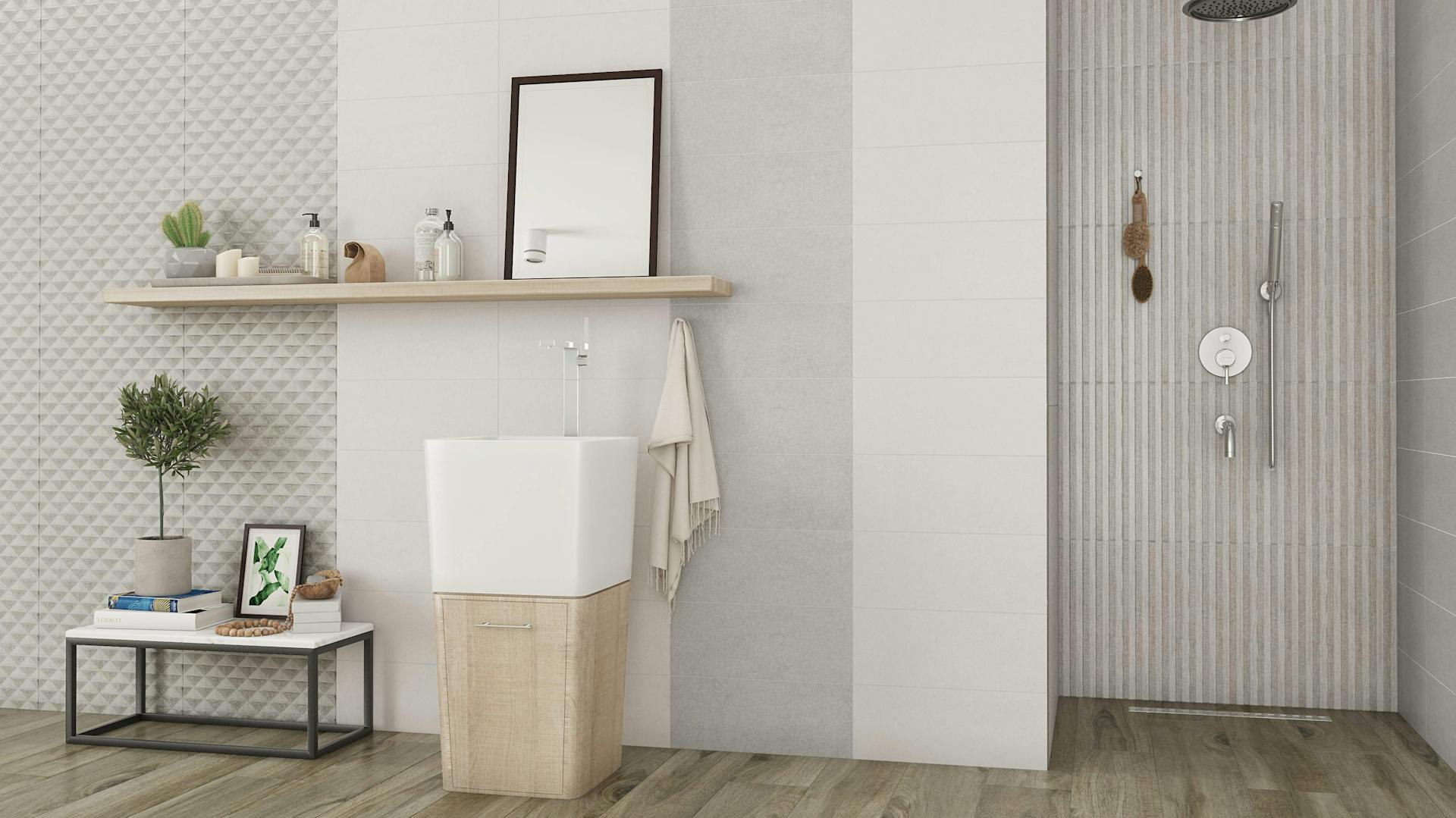 Fliesenvariationen an Wänden und Boden in Holzoptik.