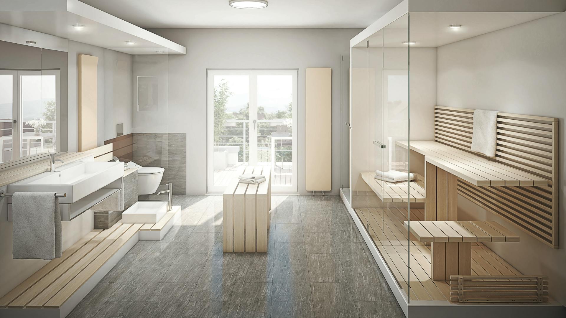 Luxus-Bad mit Sauna und Lichtinstallation.