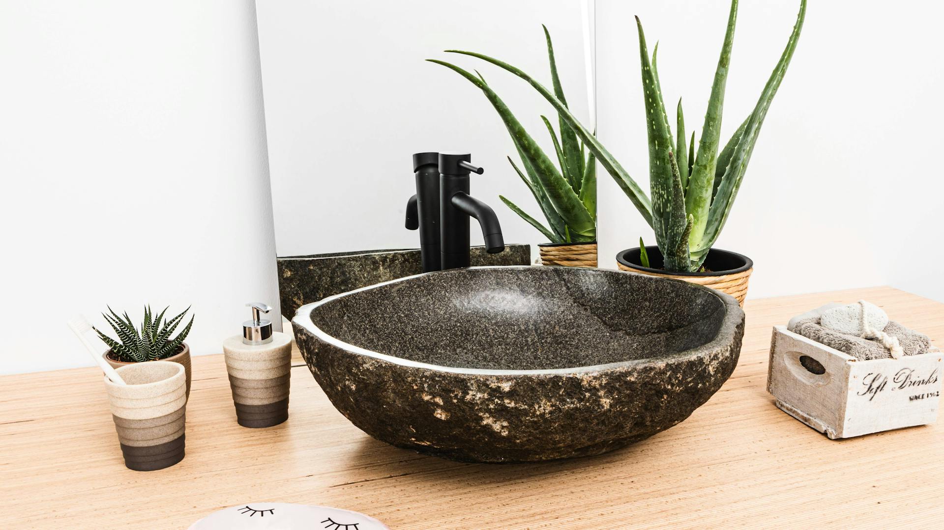 Modernes Bad mit Naturstein-Waschbecken und einer Aloe-Pflanze.