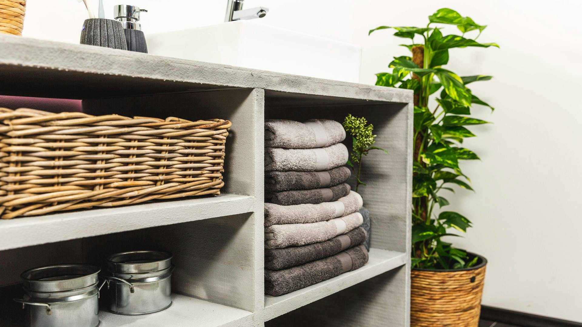 Modernes Bad mit offenem Regal in Beton-Optik und einer Pflanze.