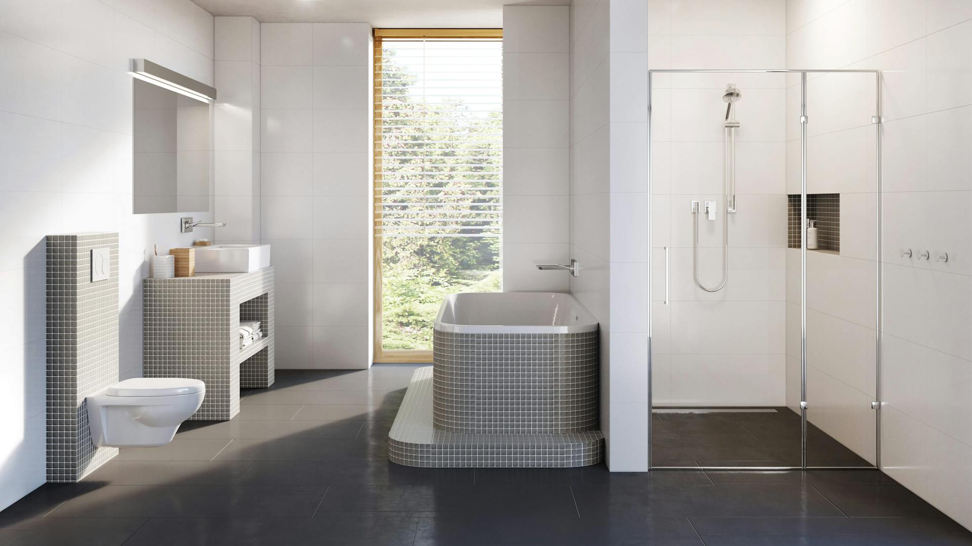 Mosaik-Bad mit Badewanne, Waschtisch und WC.