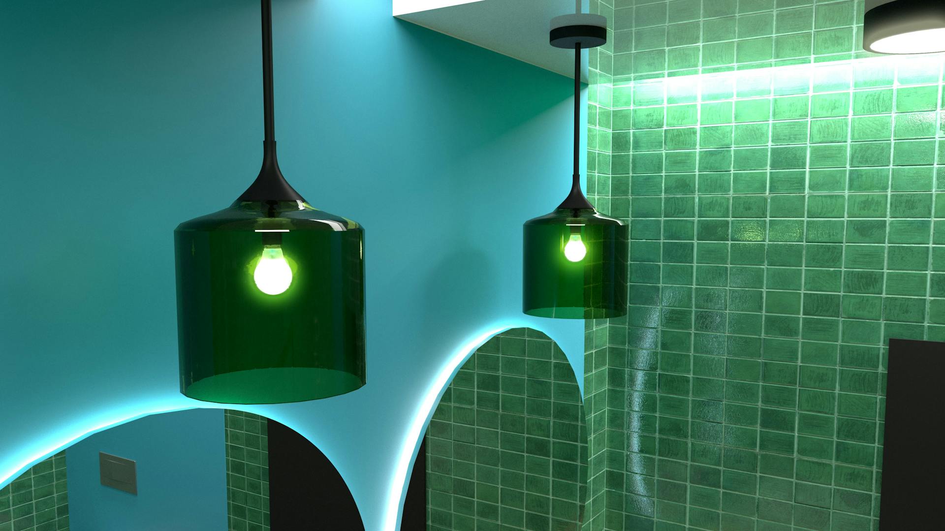 Badezimmer mit blauen und grünen Wänden.