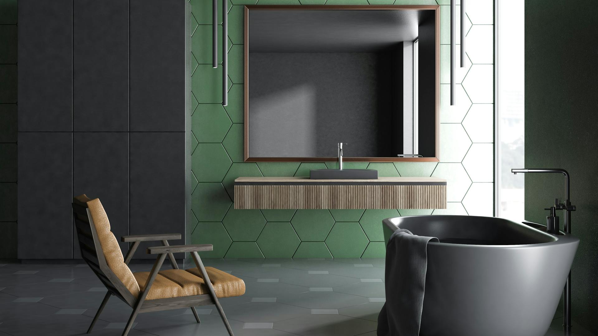 Ein graues Bad mit einer grünen Wand.