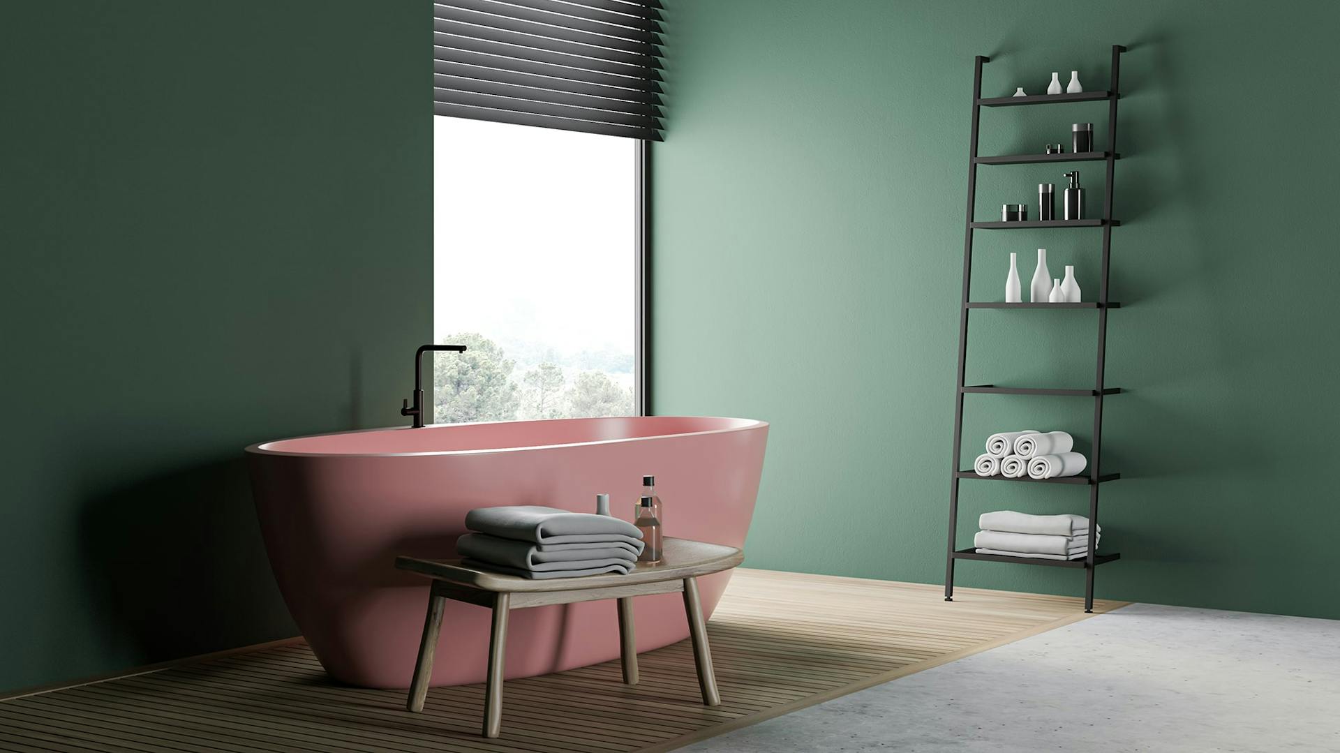 Ein grünes Bad mit einer pinken Badewanne.