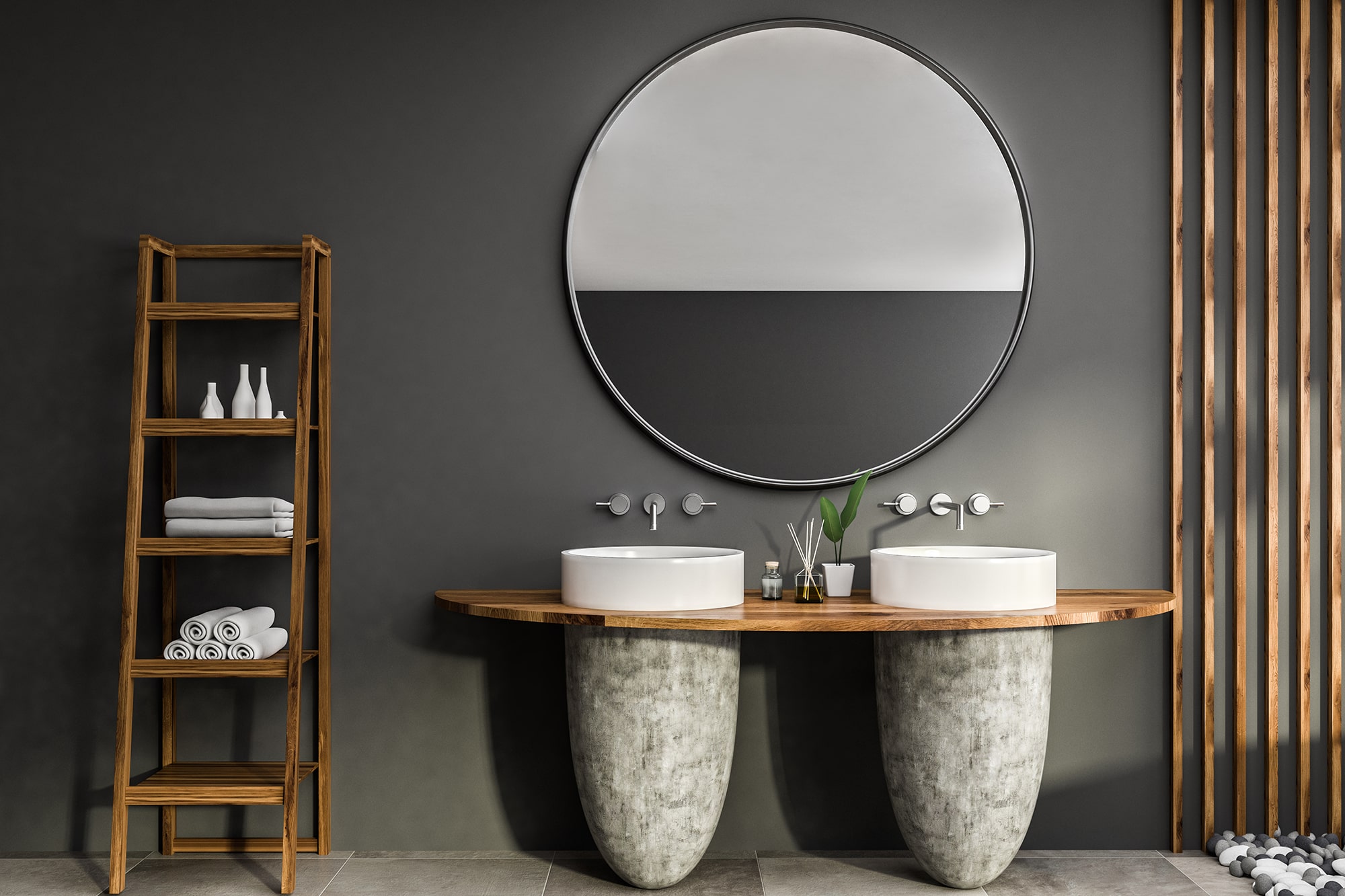 Graues Badezimmer mit Holzelementen.