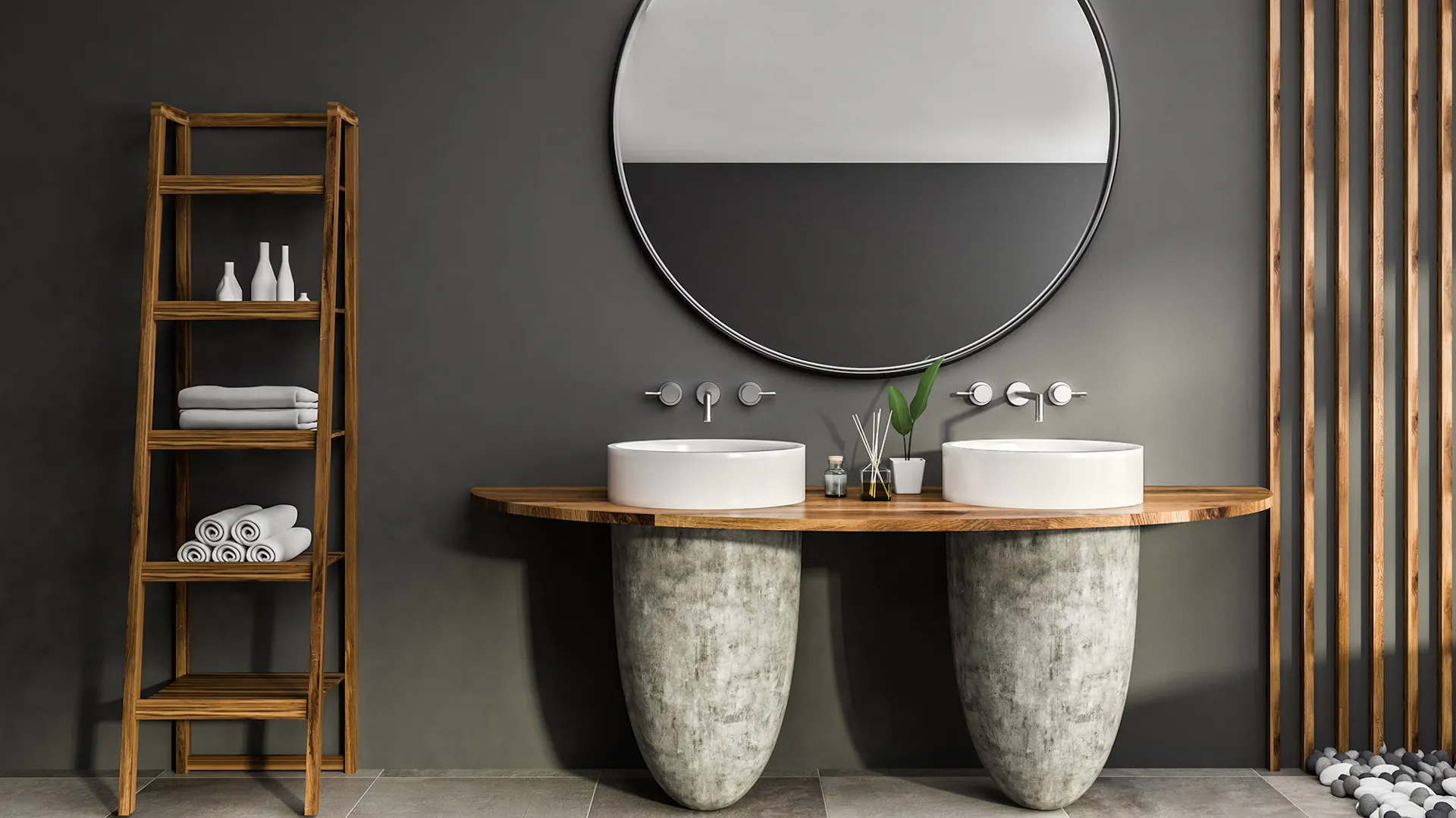 Graues Badezimmer mit Holzelementen.