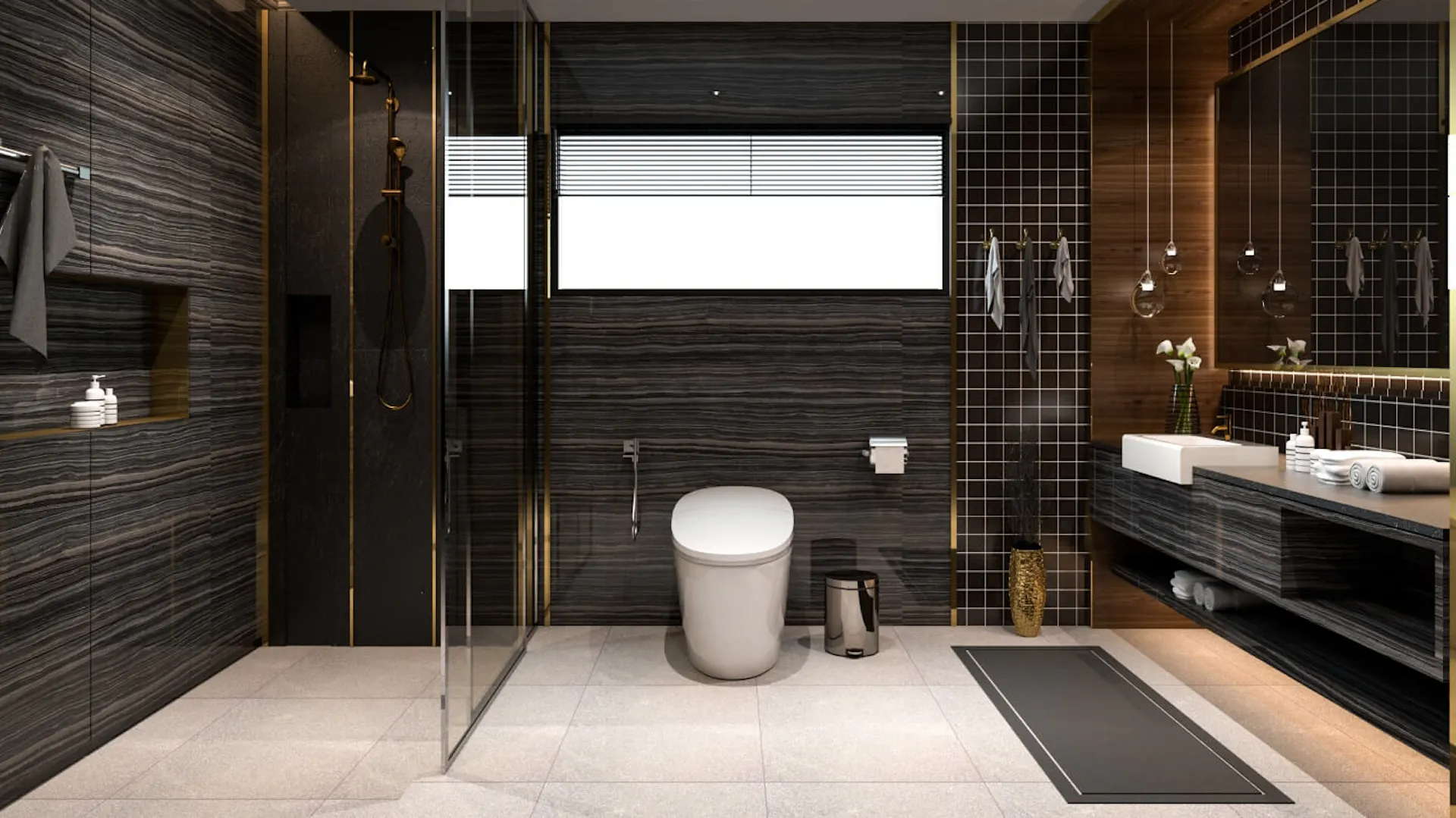 Ein schwarzes Badezimmer mit goldenen Akzenten.