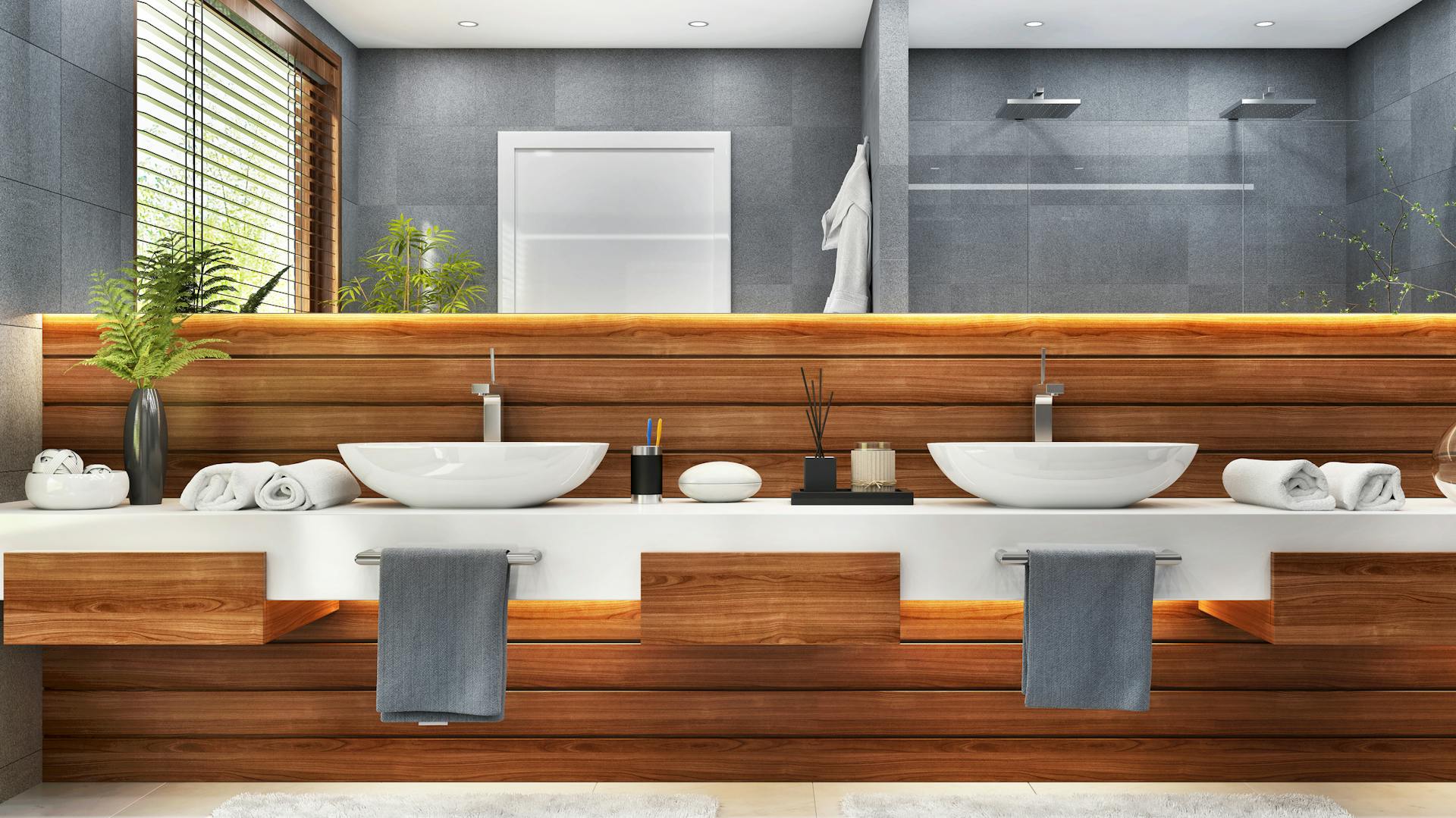 Due lavabi con illuminazione indiretta del bagno.