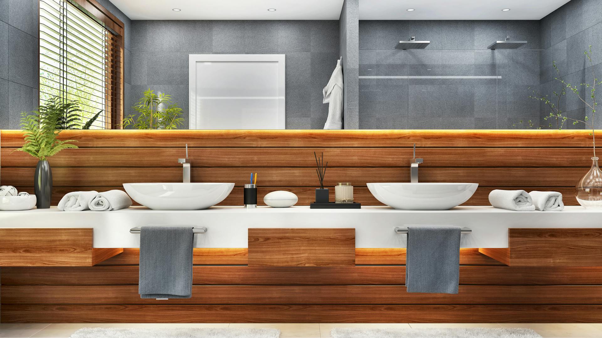 Két mosdókagyló közvetett fürdőszobai világítással.