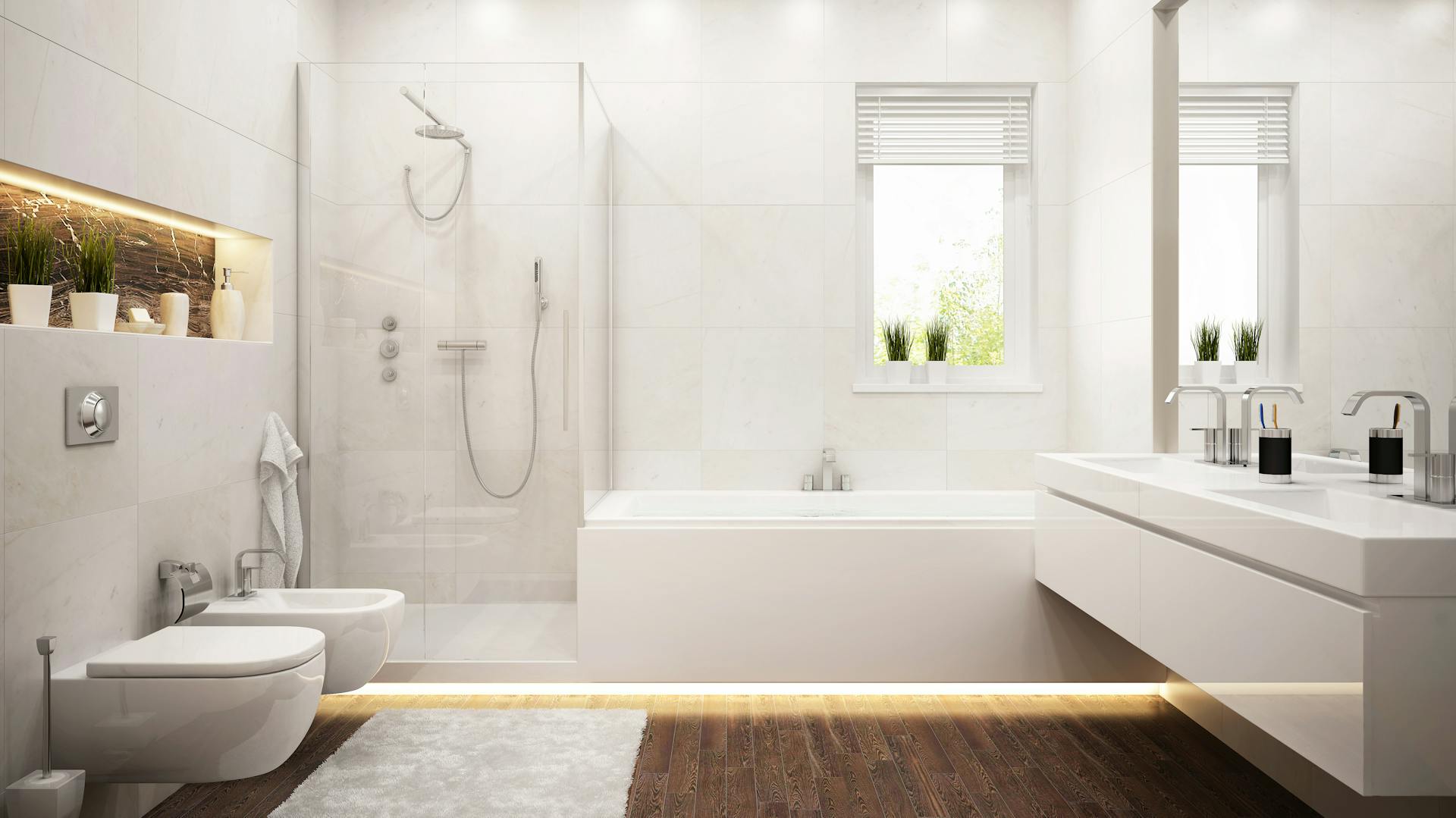 Badtechnik wie Smart Home kann im Badezimmer mit WC, Bidet, Waschtisch und Wanne angewendet werden.