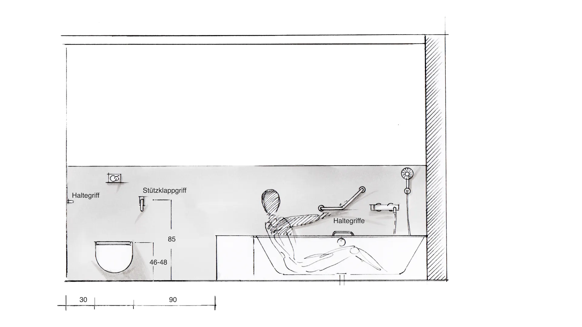 Skizze einer Badewanne neben einer Toilette mit Haltegriffen sowie Maßangaben