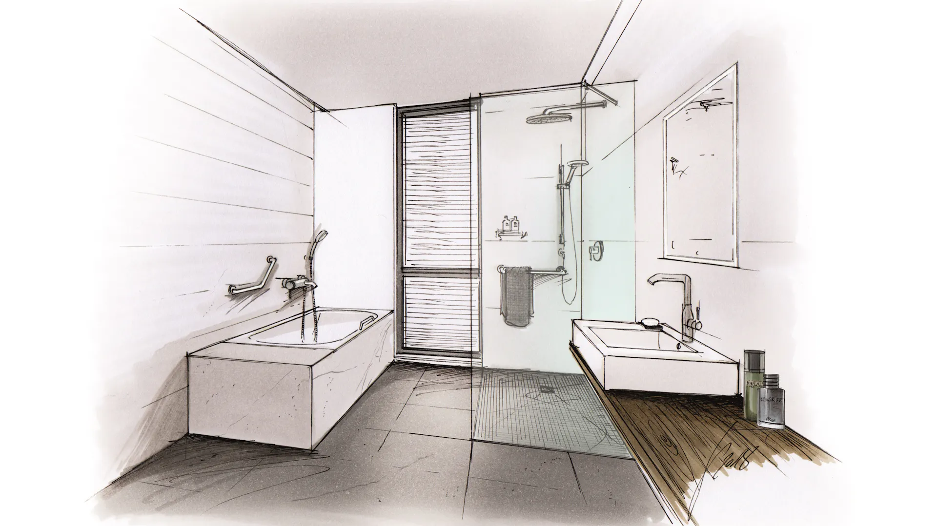 Skizze eines Badezimmers mit großem Fenster und einer barrierefreien Dusche sowie Badewanne und Waschbecken