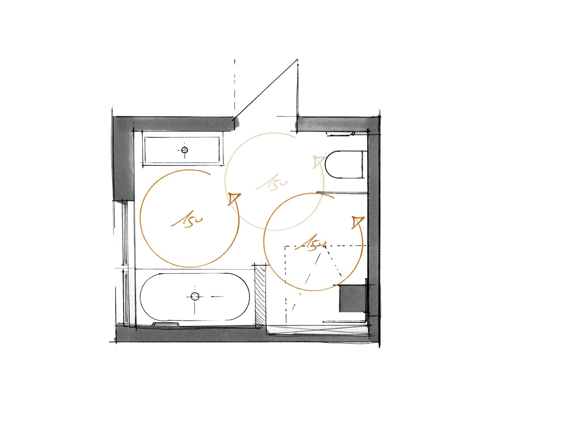 Grundriss mit 150 Zentimetern Radius um Sanitärobjekte.